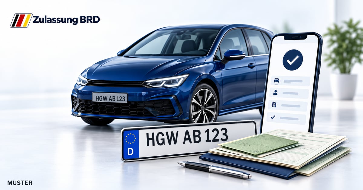 Online Fahrzeugzulassung in Greifswald: Musterkennzeichen HGW AB 123, Auto und Fahrzeugpapiere und Smartphone. Illustration mit Logo von Zulassung BRD.